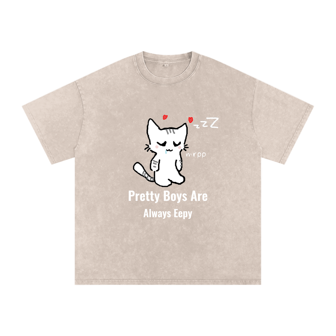 Beige t-shirt with a cartoon cat and text