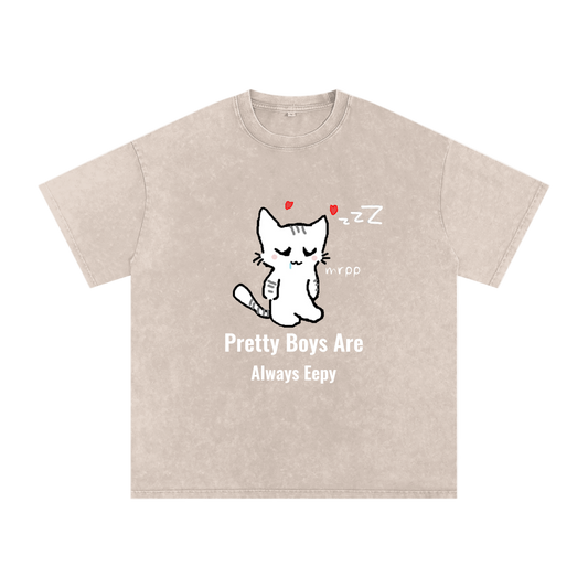 Beige t-shirt with a cartoon cat and text