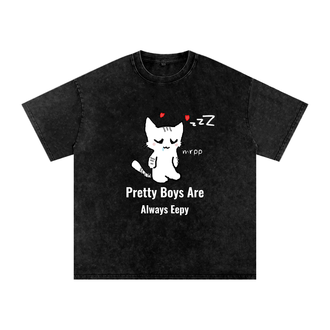 Black t-shirt with a graphic of a cat and text