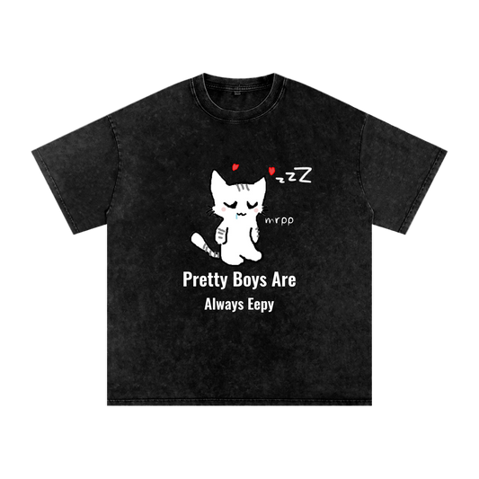 Black t-shirt with a graphic of a cat and text
