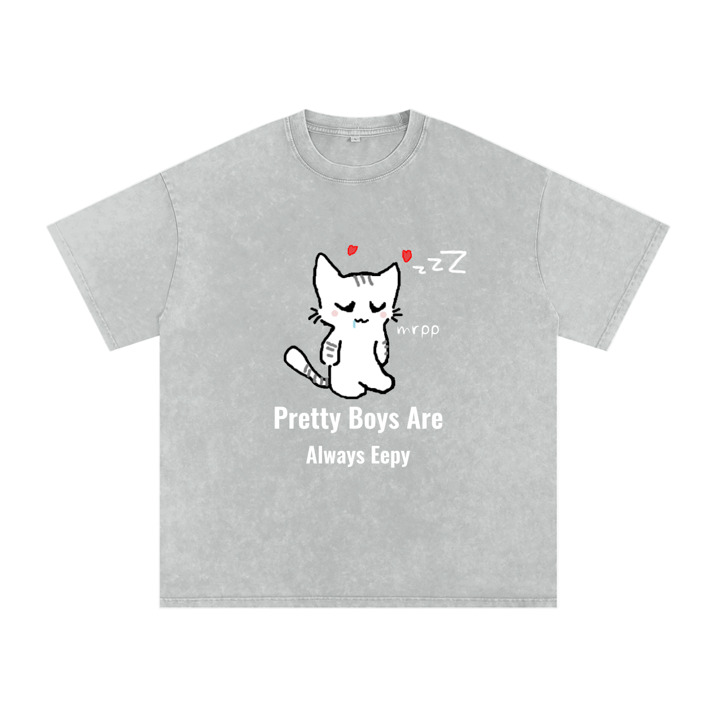 Gray t-shirt with a cat graphic and text 