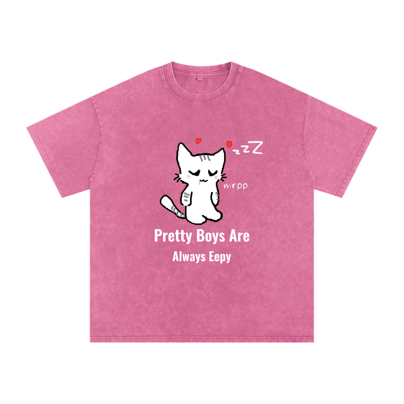 Pink t-shirt with a cartoon cat and text